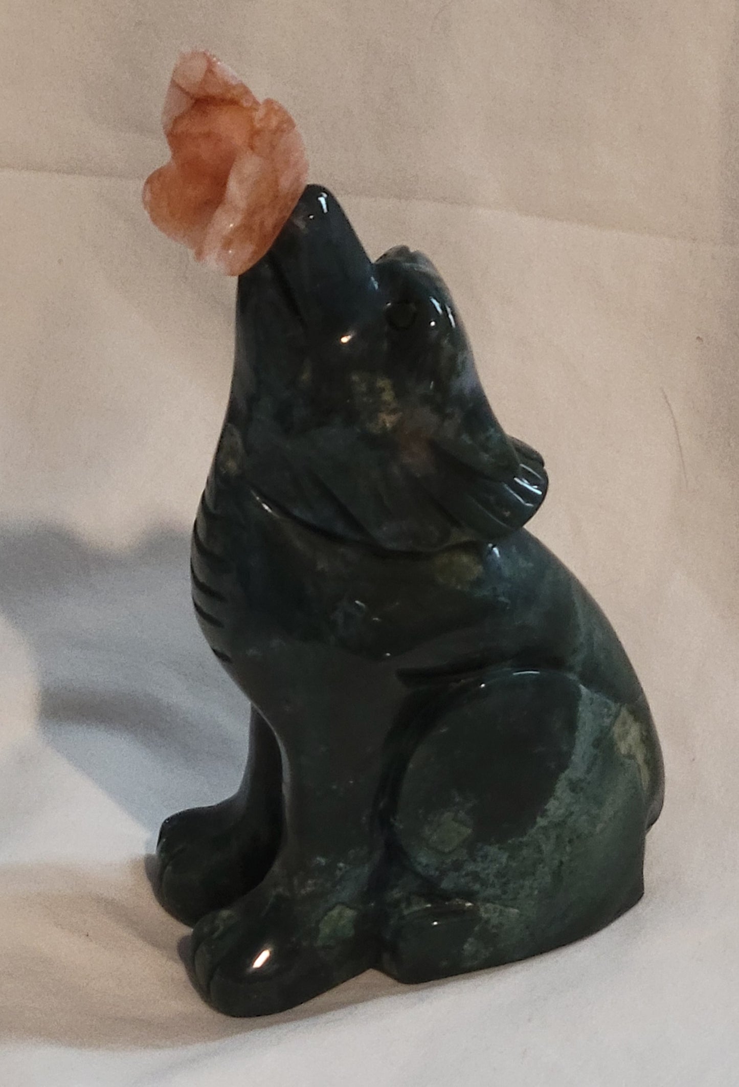 Moss Agate Wolf & Butterfly Statue