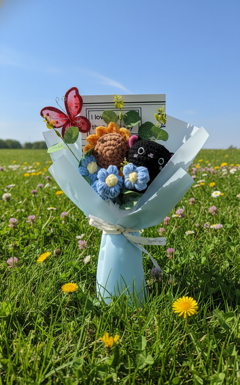 Crochet Bouquet With Black Kitty