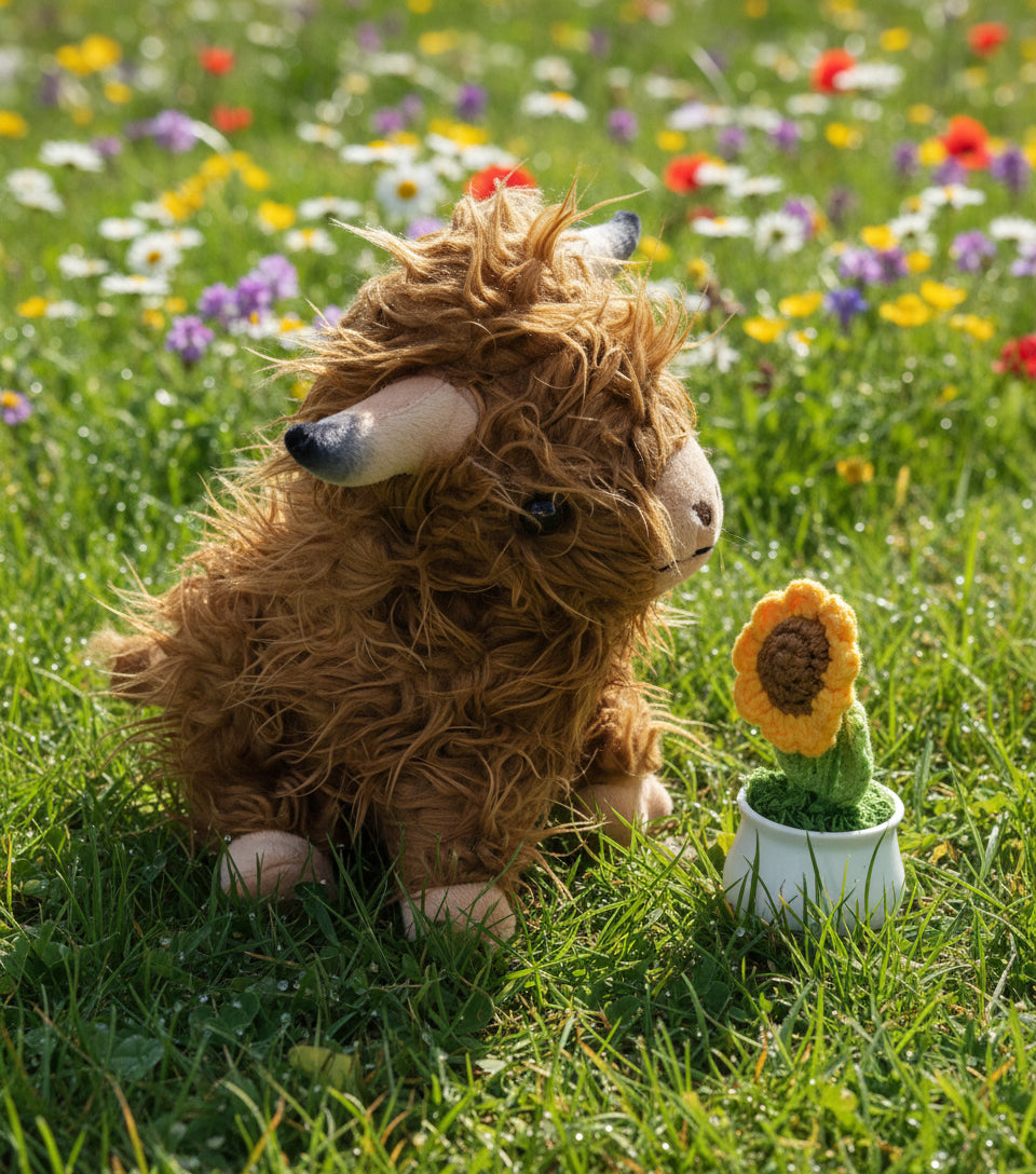 Hyland Cow Stuffy with Crochet Flower