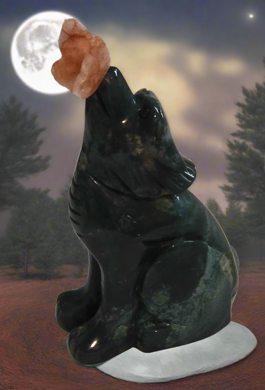 Moss Agate Wolf & Butterfly Statue